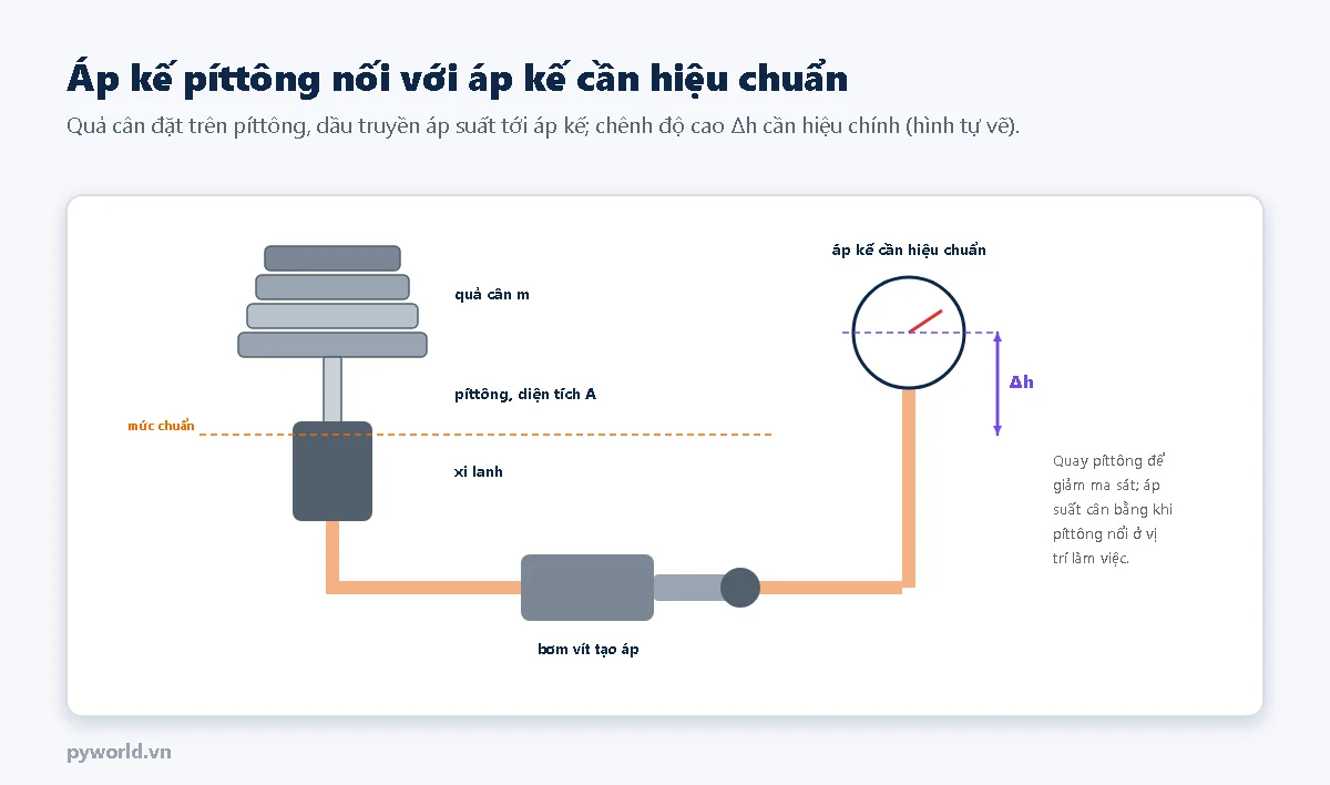 Sơ đồ áp kế píttông: chồng quả cân đặt trên píttông lắp khít trong xi lanh, đường dầu nối tới bơm vít tạo áp và tới áp kế cần hiệu chuẩn đặt cao hơn mức chuẩn của píttông một khoảng Δh