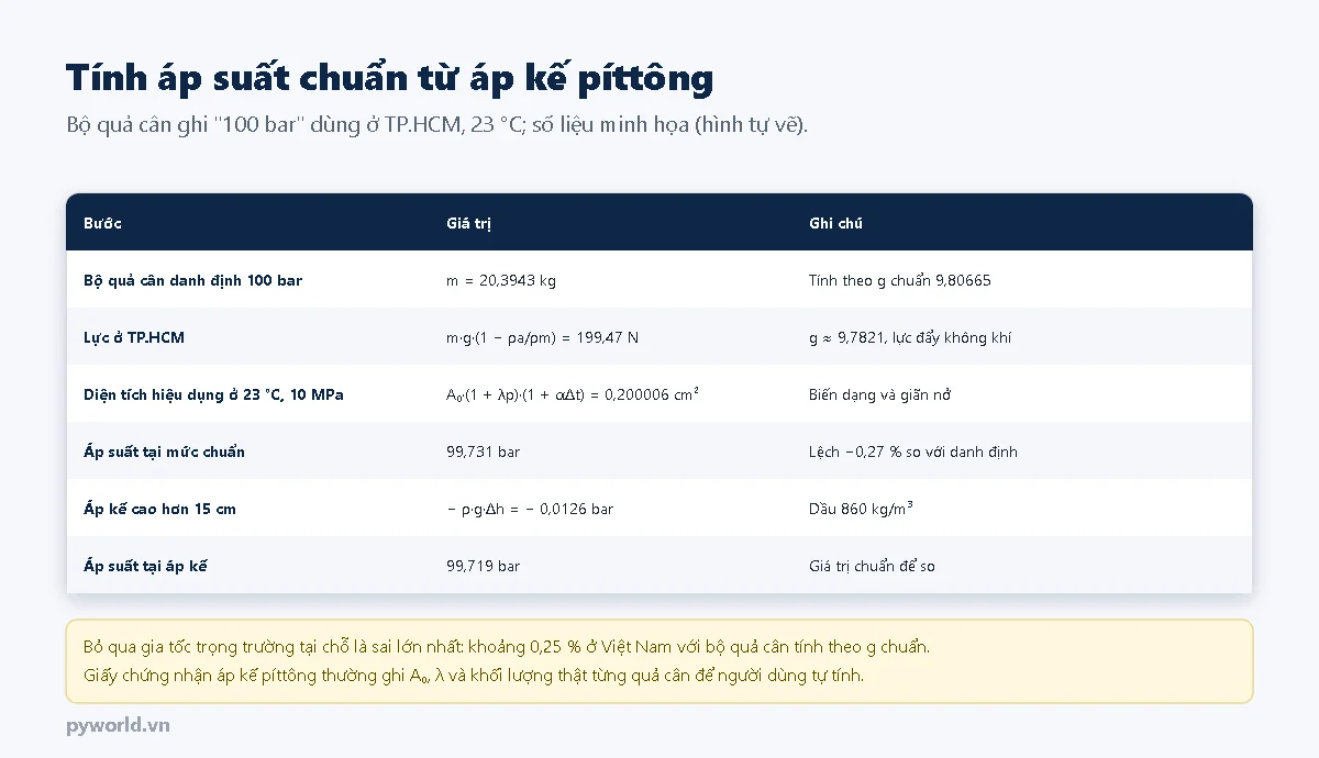 Bảng tính áp suất chuẩn: bộ quả cân danh định 100 bar có khối lượng 20,3943 kg tính theo g chuẩn; lực ở TP.HCM 199,47 N; diện tích hiệu dụng ở 23 độ C, 10 MPa là 0,200006 cm²; áp suất tại mức chuẩn 99,731 bar, lệch âm 0,27 phần trăm; áp kế cao hơn 15 cm trừ 0,0126 bar; áp suất tại áp kế 99,719 bar