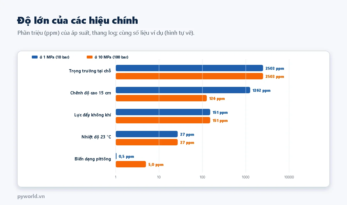 Biểu đồ thanh thang log độ lớn các hiệu chính theo phần triệu ở 1 MPa và 10 MPa: trọng trường tại chỗ khoảng 2503 ppm; chênh độ cao 15 cm 1262 ppm ở 1 MPa và 126 ppm ở 10 MPa; lực đẩy không khí 151 ppm; nhiệt độ 23 độ C 27 ppm; biến dạng píttông 0,5 ppm ở 1 MPa và 5 ppm ở 10 MPa