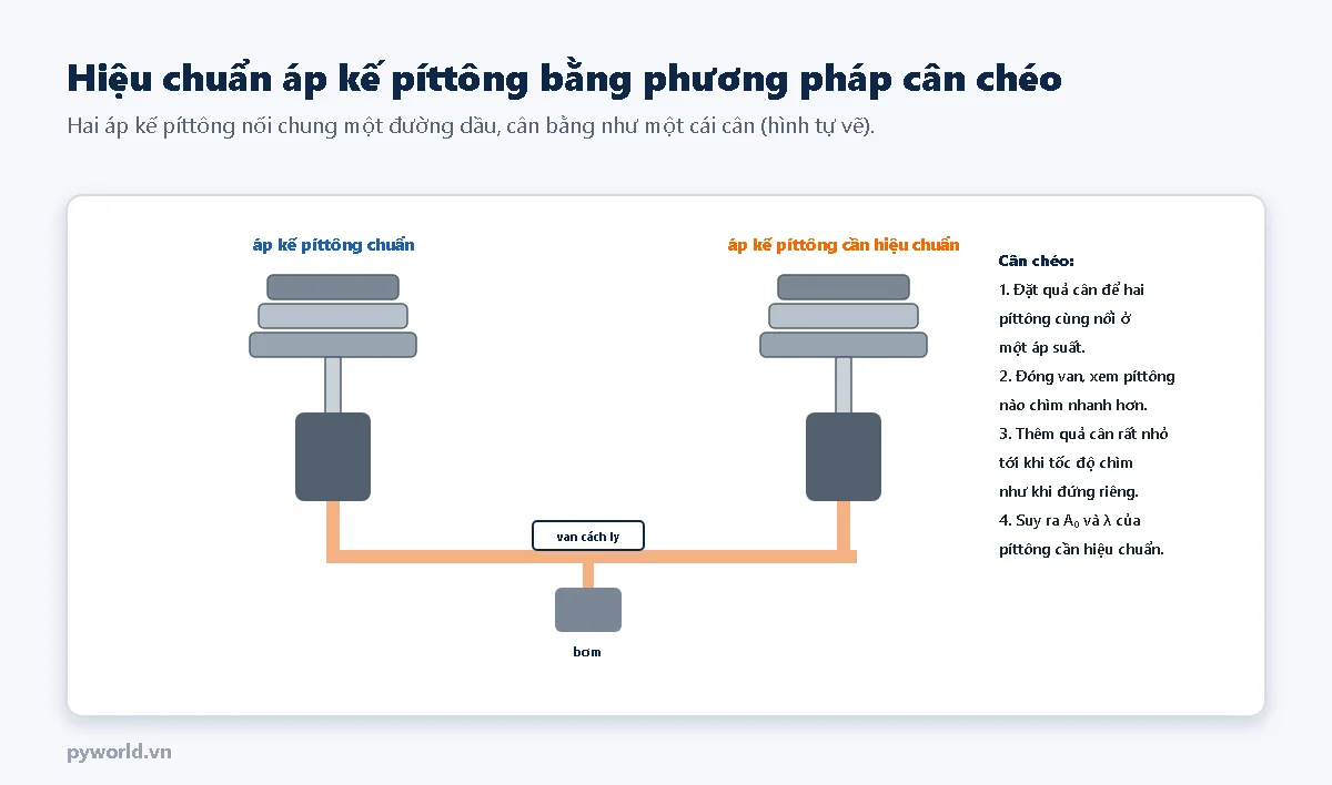 Sơ đồ hai áp kế píttông, một chuẩn và một cần hiệu chuẩn, nối chung một đường dầu qua van cách ly và bơm; bên phải là bốn bước cân chéo: đặt quả cân để hai píttông cùng nổi, đóng van xem píttông nào chìm nhanh, thêm quả cân nhỏ tới khi tốc độ chìm như khi đứng riêng, suy ra A0 và lambda