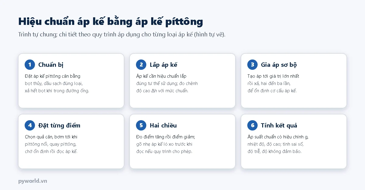 Sáu thẻ bước: chuẩn bị cân bằng bọt thủy, dầu sạch, xả bọt khí; lắp áp kế đúng tư thế và đo chênh độ cao; gia áp sơ bộ hai đến ba lần; đặt từng điểm bằng quả cân, bơm tới khi píttông nổi và quay; đo hai chiều tăng và giảm; tính kết quả có hiệu chính