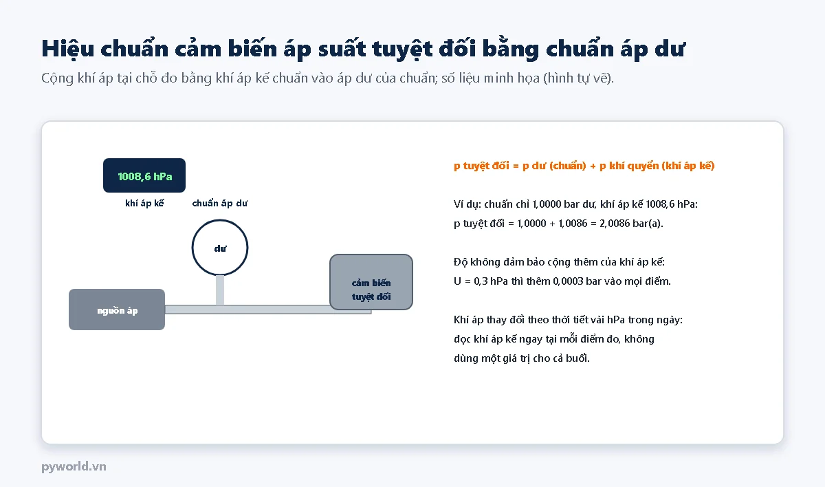 Sơ đồ nguồn áp cấp cho chuẩn áp dư và cảm biến tuyệt đối, khí áp kế đọc 1008,6 hPa; công thức áp tuyệt đối bằng áp dư của chuẩn cộng khí áp; ví dụ 1,0000 bar dư cộng 1,0086 bằng 2,0086 bar tuyệt đối