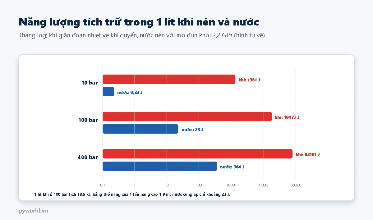 Biểu đồ thanh thang log năng lượng tích trữ trong 1 lít ở 10, 100, 400 bar: khí 1361 J, 18473 J, 82101 J; nước 0,23 J, 23 J, 364 J; 1 lít khí ở 100 bar tích 18,5 kJ bằng thế năng của 1 tấn nâng cao 1,9 m