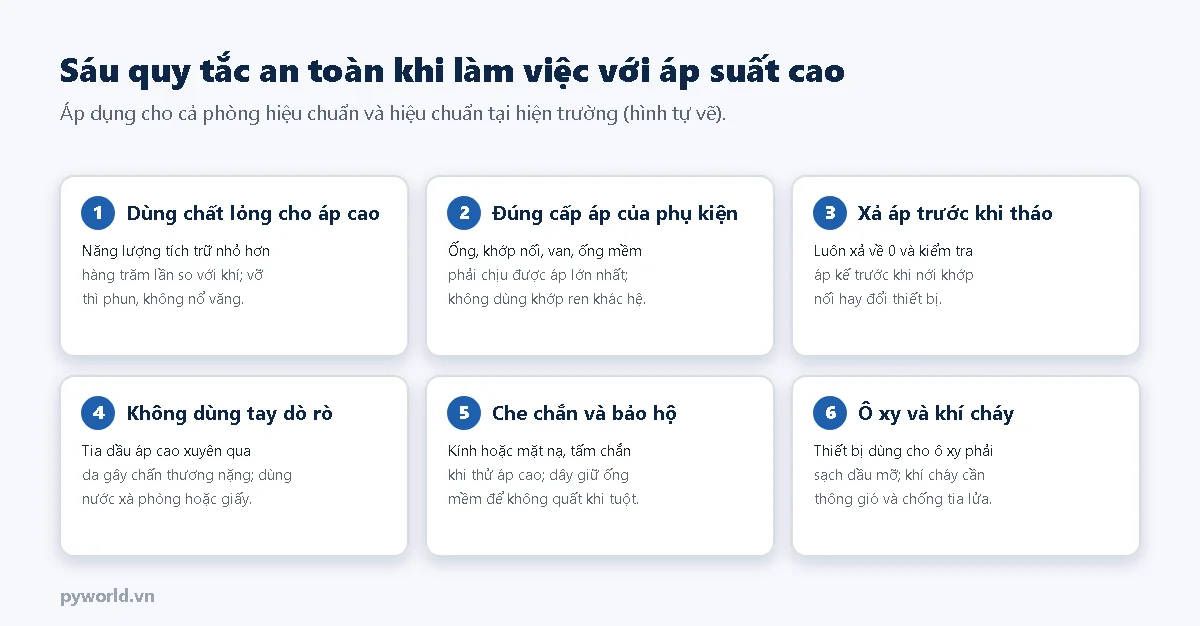 Sáu thẻ quy tắc an toàn: dùng chất lỏng cho áp cao; phụ kiện đúng cấp áp; xả áp trước khi tháo; không dùng tay dò rò; che chắn và bảo hộ; thiết bị dùng cho ô xy và khí cháy