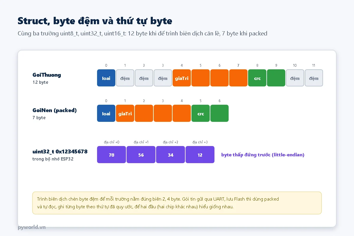 Struct GoiThuong gồm loai 1 byte, 3 byte đệm, giaTri 4 byte, crc 2 byte, 2 byte đệm là 12 byte; bản packed 7 byte; số 0x12345678 nằm trong bộ nhớ ESP32 là 78 56 34 12