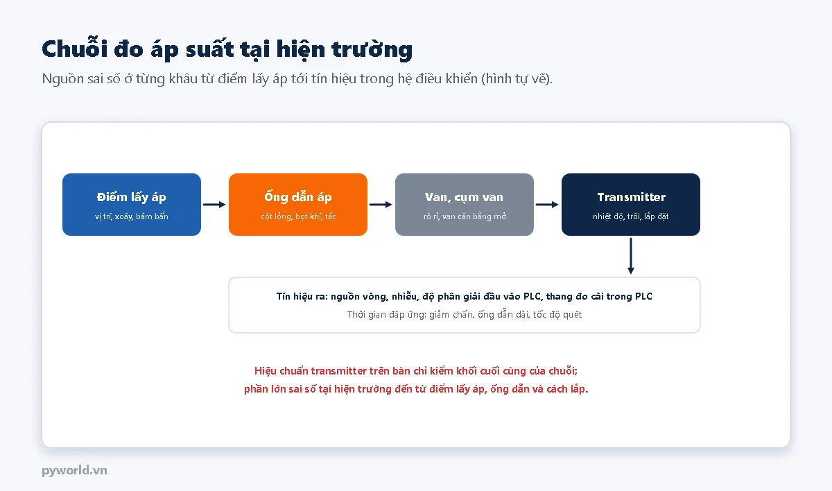 Sơ đồ chuỗi đo: điểm lấy áp, ống dẫn áp, van và cụm van, transmitter, tín hiệu ra về PLC; nguồn sai số ở từng khâu: vị trí, xoáy, bám bẩn; cột lỏng, bọt khí, tắc; rò rỉ, van cân bằng mở; nhiệt độ, trôi, lắp đặt; nguồn vòng, nhiễu, độ phân giải