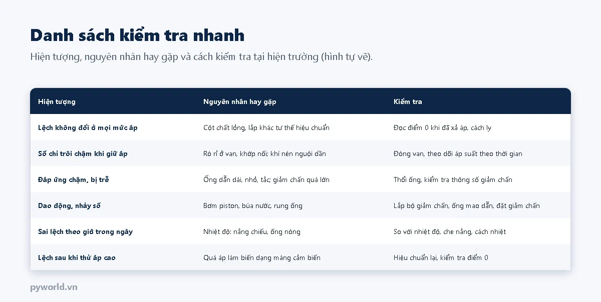 Bảng sáu hiện tượng, nguyên nhân hay gặp và cách kiểm tra: lệch không đổi do cột chất lỏng; số chỉ trôi chậm do rò rỉ; đáp ứng chậm do ống dài, tắc; dao động do bơm piston; sai lệch theo giờ do nhiệt độ; lệch sau khi thử áp cao do quá áp
