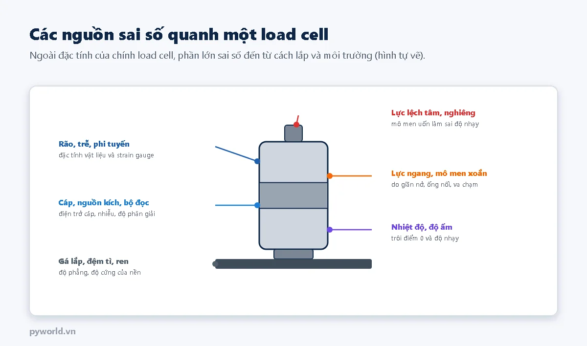 Hình load cell dạng trụ trên đế với sáu nhãn nguồn sai số: lực lệch tâm và nghiêng, lực ngang và mô men xoắn, nhiệt độ và độ ẩm, rão trễ phi tuyến, cáp nguồn kích bộ đọc, gá lắp đệm tì ren