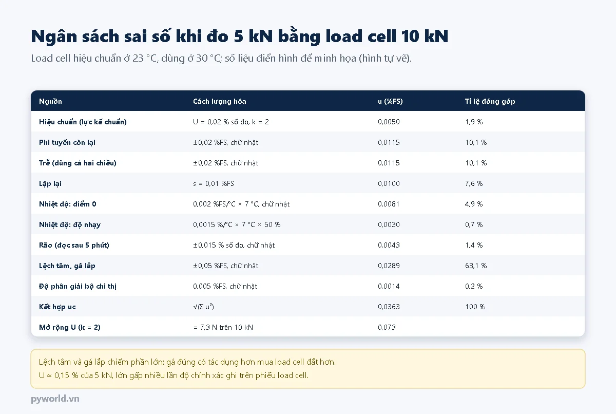 Bảng ngân sách sai số khi đo 5 kN bằng load cell 10 kN gồm chín nguồn: hiệu chuẩn, phi tuyến, trễ, lặp lại, nhiệt độ điểm 0, nhiệt độ độ nhạy, rão, lệch tâm và gá lắp, độ phân giải; lệch tâm và gá lắp chiếm 63 phần trăm, độ không đảm bảo kết hợp 0,036 phần trăm toàn thang, mở rộng 0,073 phần trăm tức 7,3 N