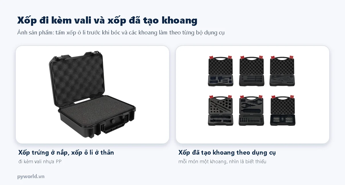 Vali nhựa PP có xốp trứng ở nắp và xốp ô li ở thân, bên cạnh là các hộp sẵn xốp đã tạo khoang theo từng bộ dụng cụ