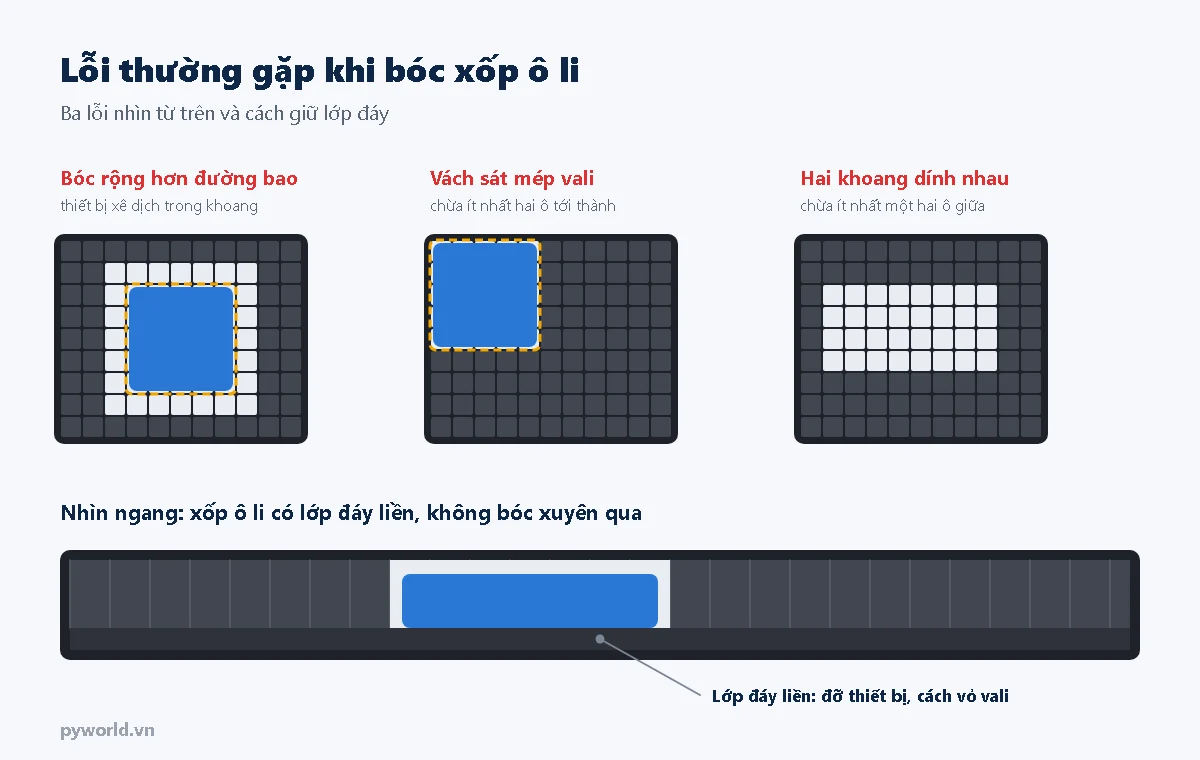 Hình minh họa ba lỗi khi bóc xốp ô li: bóc rộng hơn đường bao, khoang sát mép vali, hai khoang dính nhau, và mặt cắt lớp đáy liền