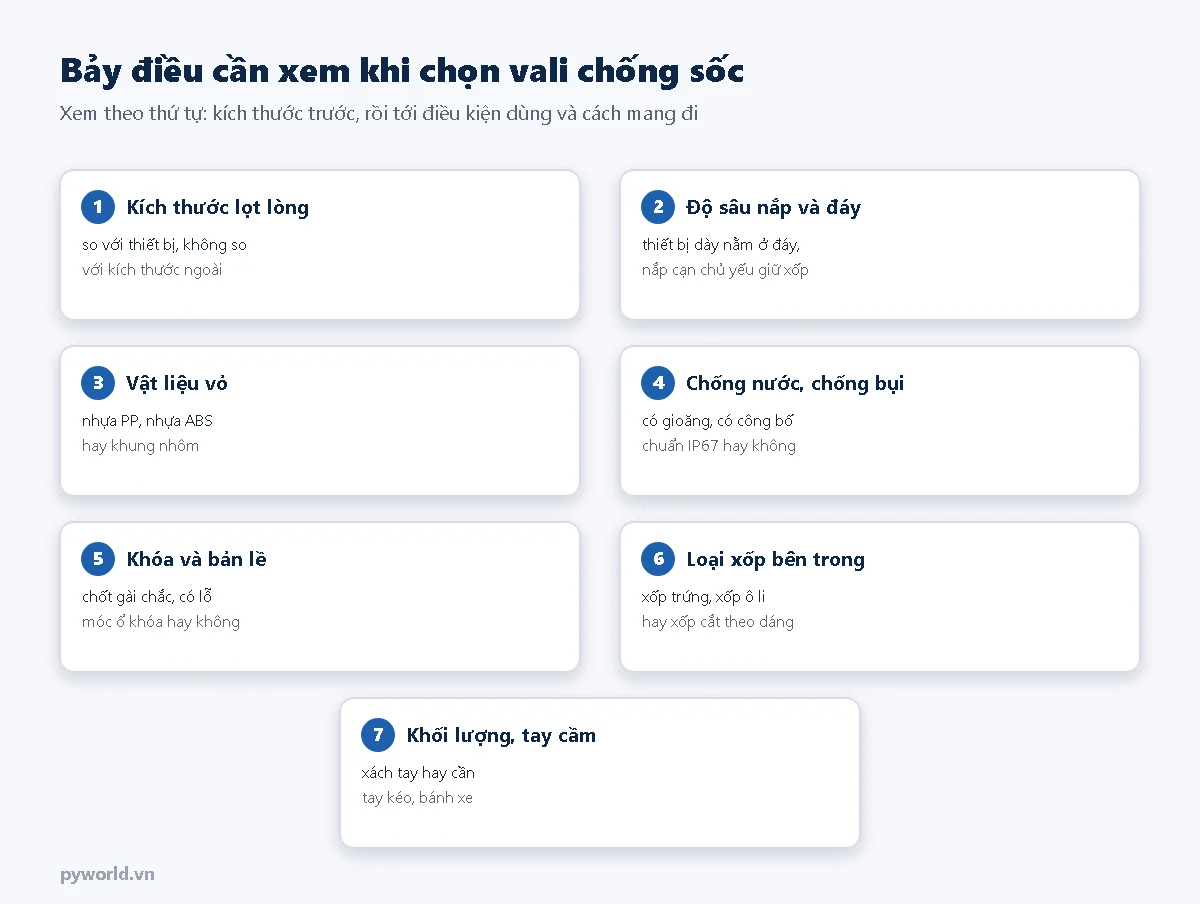 Bảy điều cần xem khi chọn vali chống sốc: kích thước lọt lòng, độ sâu nắp và đáy, vật liệu vỏ, chống nước, khóa và bản lề, loại xốp, khối lượng và tay cầm