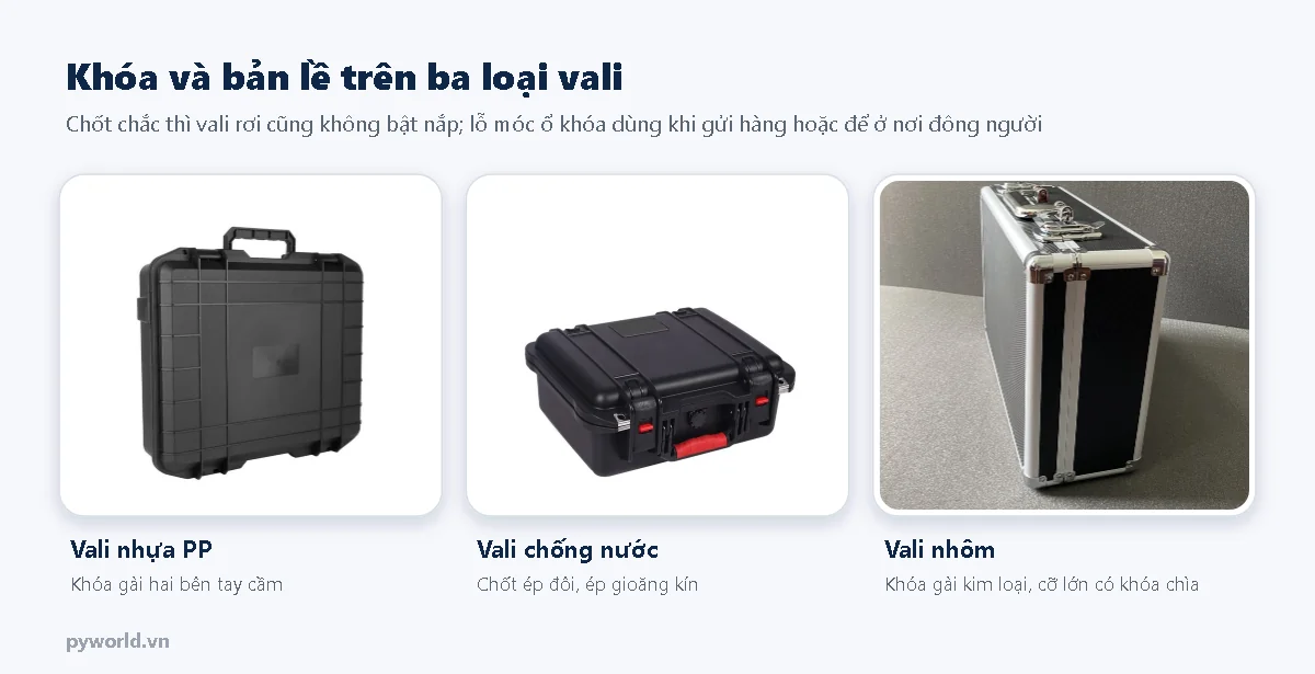 Khóa và bản lề trên ba loại vali: khóa gài của vali nhựa PP, chốt ép đôi của vali chống nước, khóa gài kim loại của vali nhôm