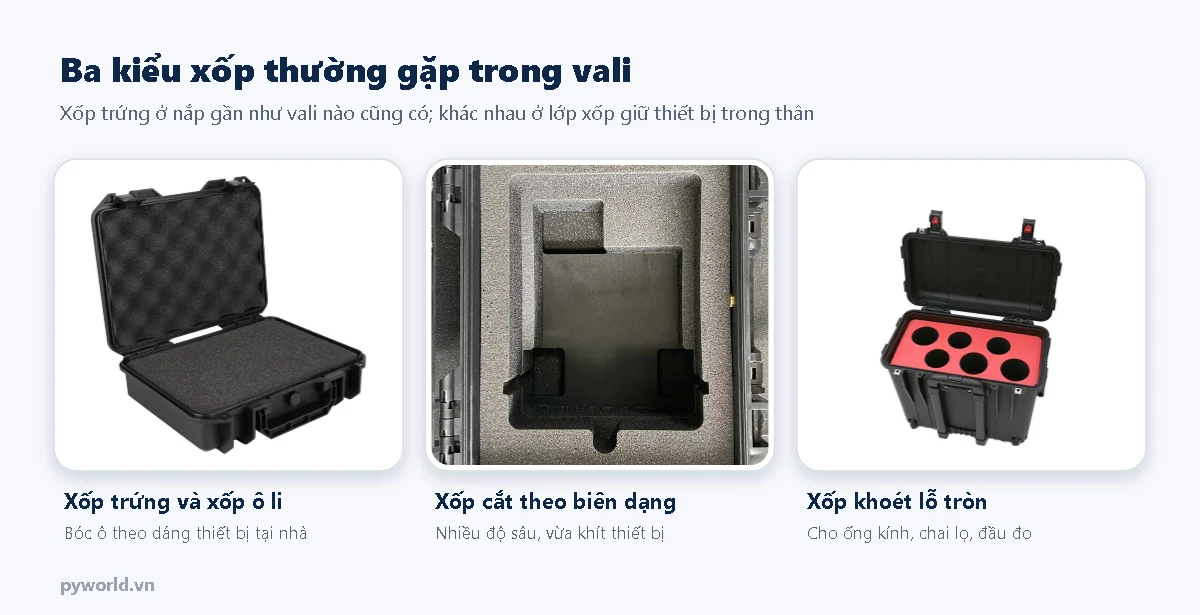 Ba kiểu xốp trong vali: xốp trứng và xốp ô li, xốp cắt theo biên dạng nhiều độ sâu, xốp khoét lỗ tròn