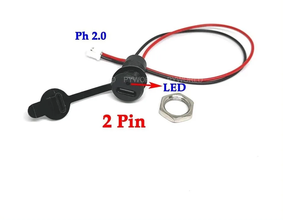 Jack Type-C tròn màu đen tích hợp mạch sạc loại 2 dây, cuối dây bấm sẵn đầu cắm PH2.0, kèm nắp che và đai ốc