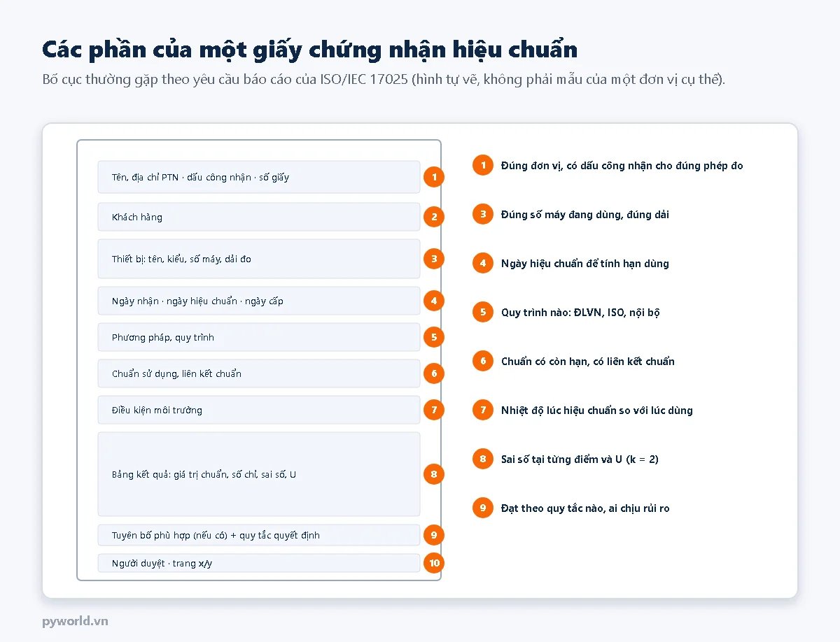 Bố cục giấy chứng nhận hiệu chuẩn với mười phần đánh số: tên địa chỉ phòng thí nghiệm, dấu công nhận và số giấy; khách hàng; thiết bị gồm tên, kiểu, số máy, dải đo; ngày nhận, ngày hiệu chuẩn, ngày cấp; phương pháp; chuẩn sử dụng và liên kết chuẩn; điều kiện môi trường; bảng kết quả; tuyên bố phù hợp và quy tắc quyết định; người duyệt và số trang; bên phải là điều cần kiểm tra ở từng phần