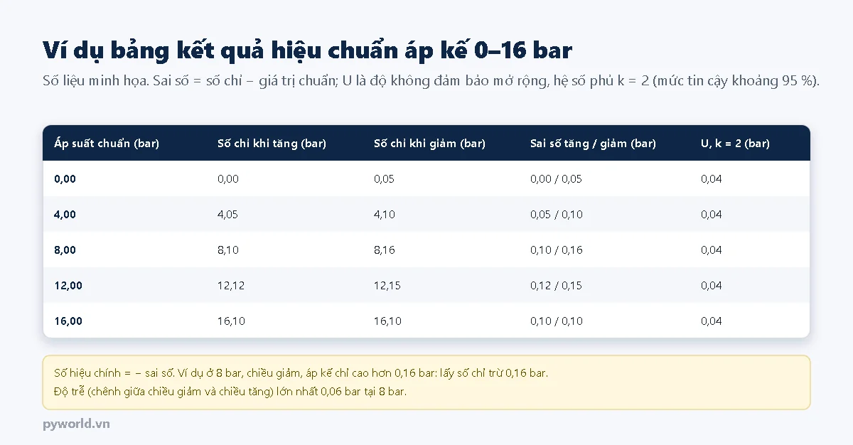 Bảng ví dụ hiệu chuẩn áp kế 0 đến 16 bar tại năm điểm 0, 4, 8, 12, 16 bar với số chỉ khi tăng và khi giảm, sai số tăng và giảm, độ không đảm bảo 0,04 bar hệ số phủ k bằng 2; ghi chú số hiệu chính bằng trừ sai số và độ trễ lớn nhất 0,06 bar tại 8 bar