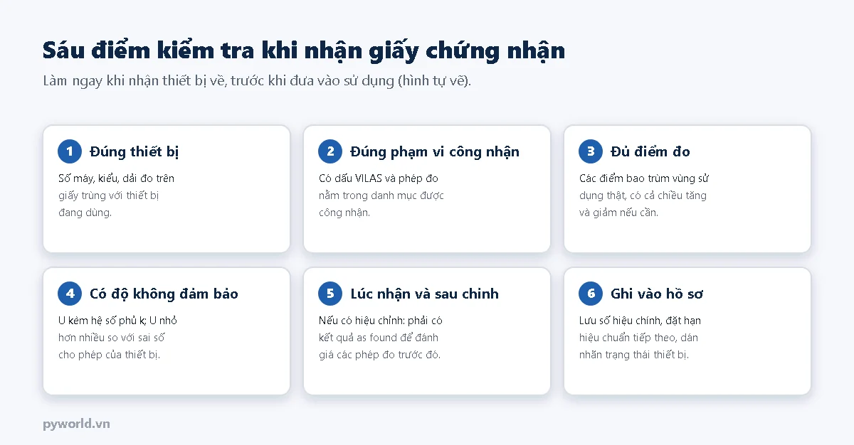 Sáu thẻ kiểm tra: đúng thiết bị, đúng phạm vi công nhận, đủ điểm đo, có độ không đảm bảo, kết quả lúc nhận và sau khi chỉnh, ghi vào hồ sơ