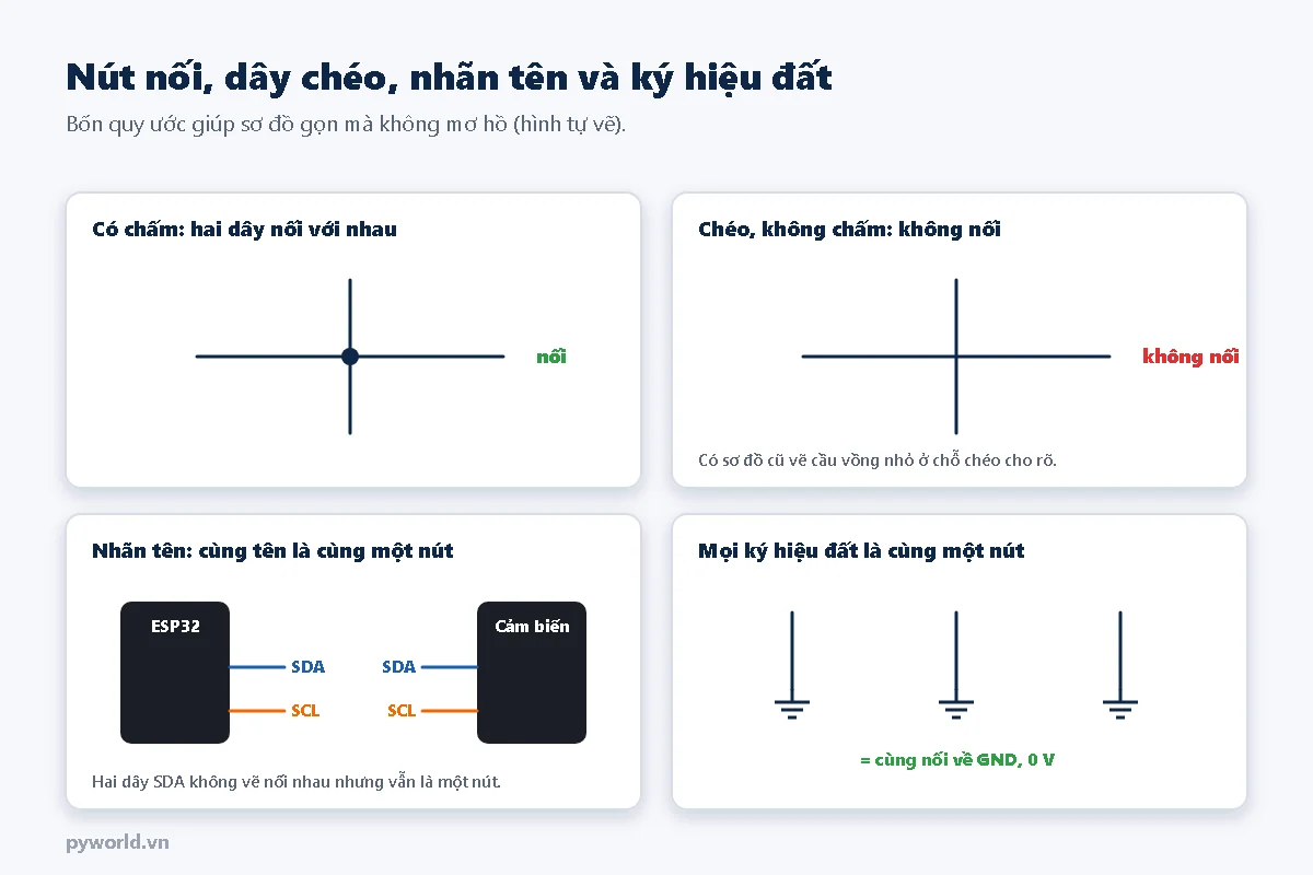 Bốn ô: hai dây chéo có chấm tròn ở giao điểm là nối với nhau; hai dây chéo không chấm là không nối; dây ra từ ESP32 và từ cảm biến cùng ghi nhãn SDA, SCL là nối với nhau dù không vẽ dây; ba ký hiệu đất riêng rẽ đều là cùng một nút GND