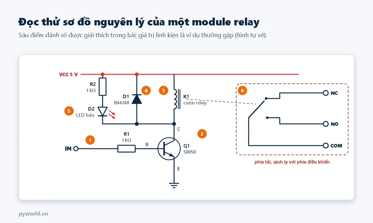 Sơ đồ module relay: VCC 5 V ở trên; nhánh R2 1 kΩ nối LED báo D2; diode D1 1N4148 cathode lên VCC; cuộn relay K1; ba nhánh nối chung xuống cực C của transistor NPN Q1 S8050, cực E xuống đất; chân IN qua R1 1 kΩ vào cực B; bên phải khung nét đứt là tiếp điểm COM, NO, NC của relay; sáu số đánh dấu các điểm cần đọc