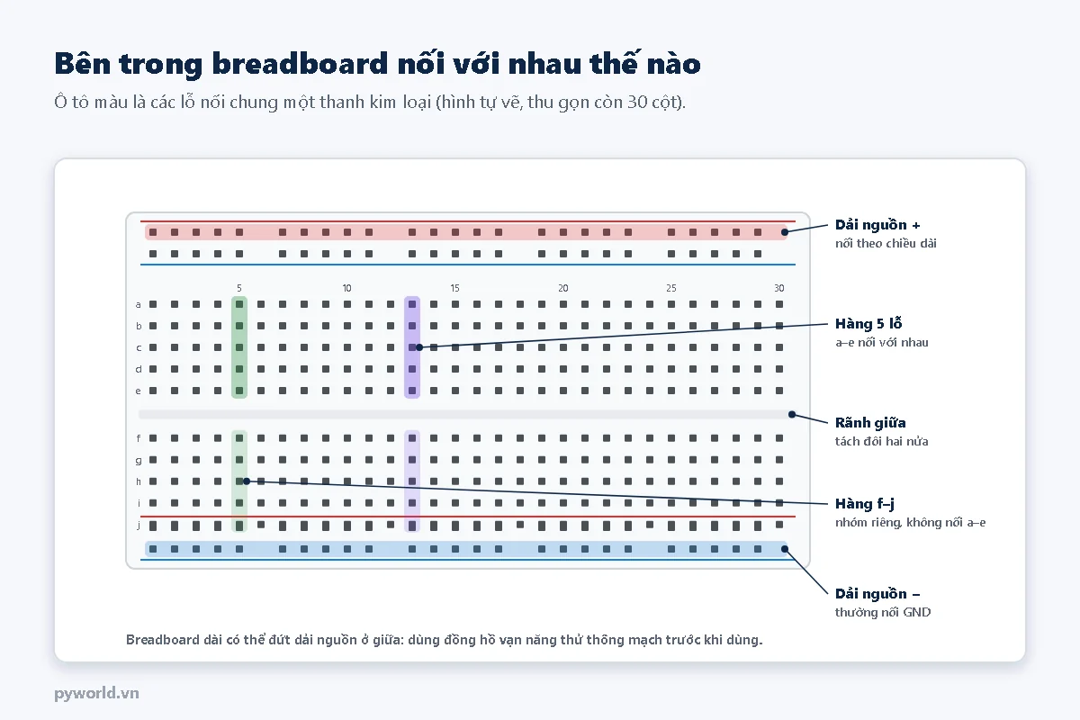 Hình vẽ breadboard thu gọn 30 cột: dải nguồn dương trên cùng nối theo chiều dài; mỗi hàng năm lỗ a đến e nối với nhau; rãnh giữa tách đôi hai nửa; hàng f đến j là nhóm riêng; dải nguồn âm dưới cùng thường nối GND