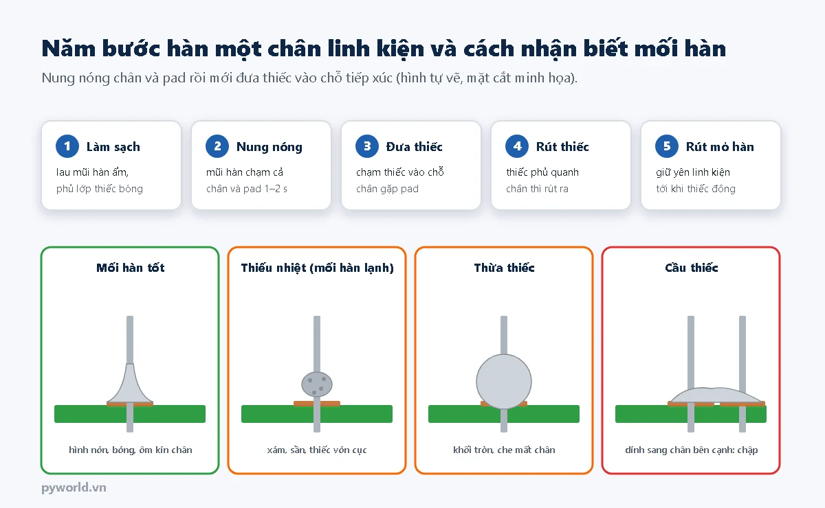 Năm bước: làm sạch mũi hàn và phủ thiếc, nung nóng chân và pad 1 đến 2 giây, chạm thiếc vào chỗ chân gặp pad, rút thiếc khi đã phủ quanh chân, rút mỏ hàn và giữ yên linh kiện; bốn mặt cắt mối hàn: mối hàn tốt hình nón bóng ôm kín chân, mối hàn lạnh xám sần vón cục, thừa thiếc khối tròn che mất chân, cầu thiếc dính sang chân bên cạnh gây chập