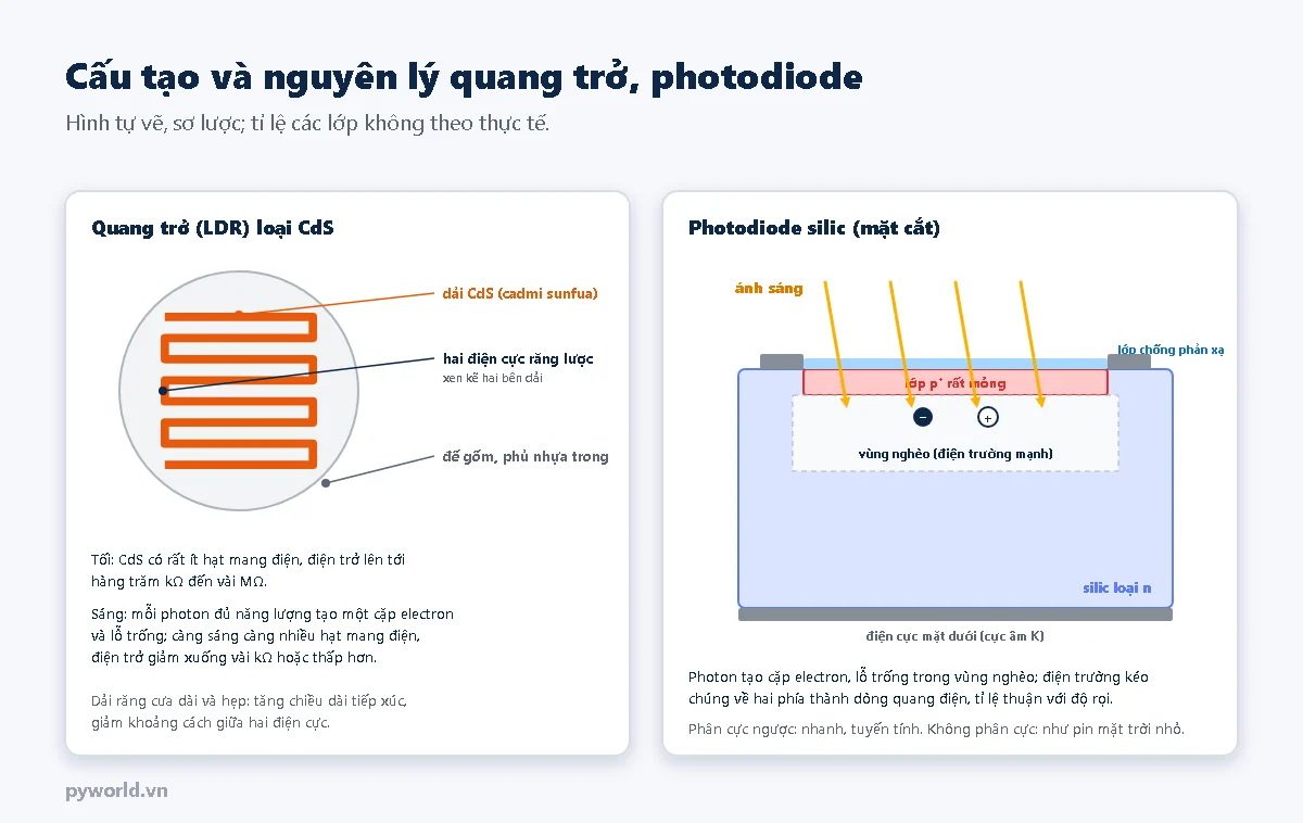 Bên trái: quang trở nhìn từ trên với dải CdS hình răng cưa, hai điện cực răng lược và đế gốm; bên phải: mặt cắt photodiode silic gồm lớp chống phản xạ, lớp p+ rất mỏng, vùng nghèo có điện trường mạnh, silic loại n và điện cực mặt dưới, ánh sáng chiếu vào tạo cặp electron và lỗ trống