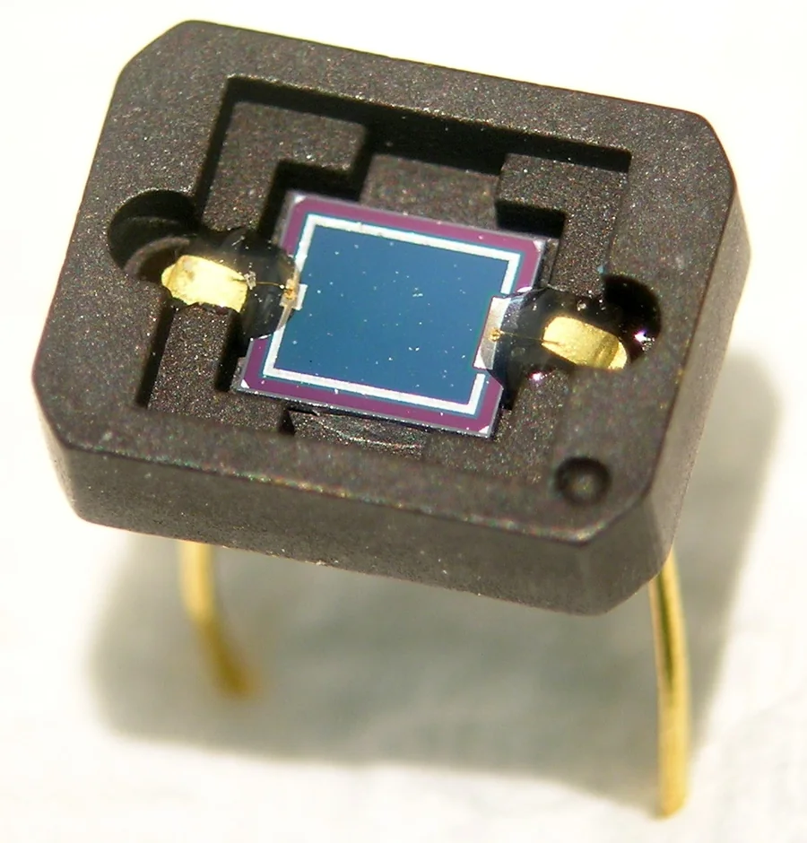Photodiode chụp cận cảnh: chip silic hình vuông màu xanh ánh kim ở giữa vỏ nhựa đen, hai dây vàng nhỏ nối chip với hai chân, phủ lớp keo trong