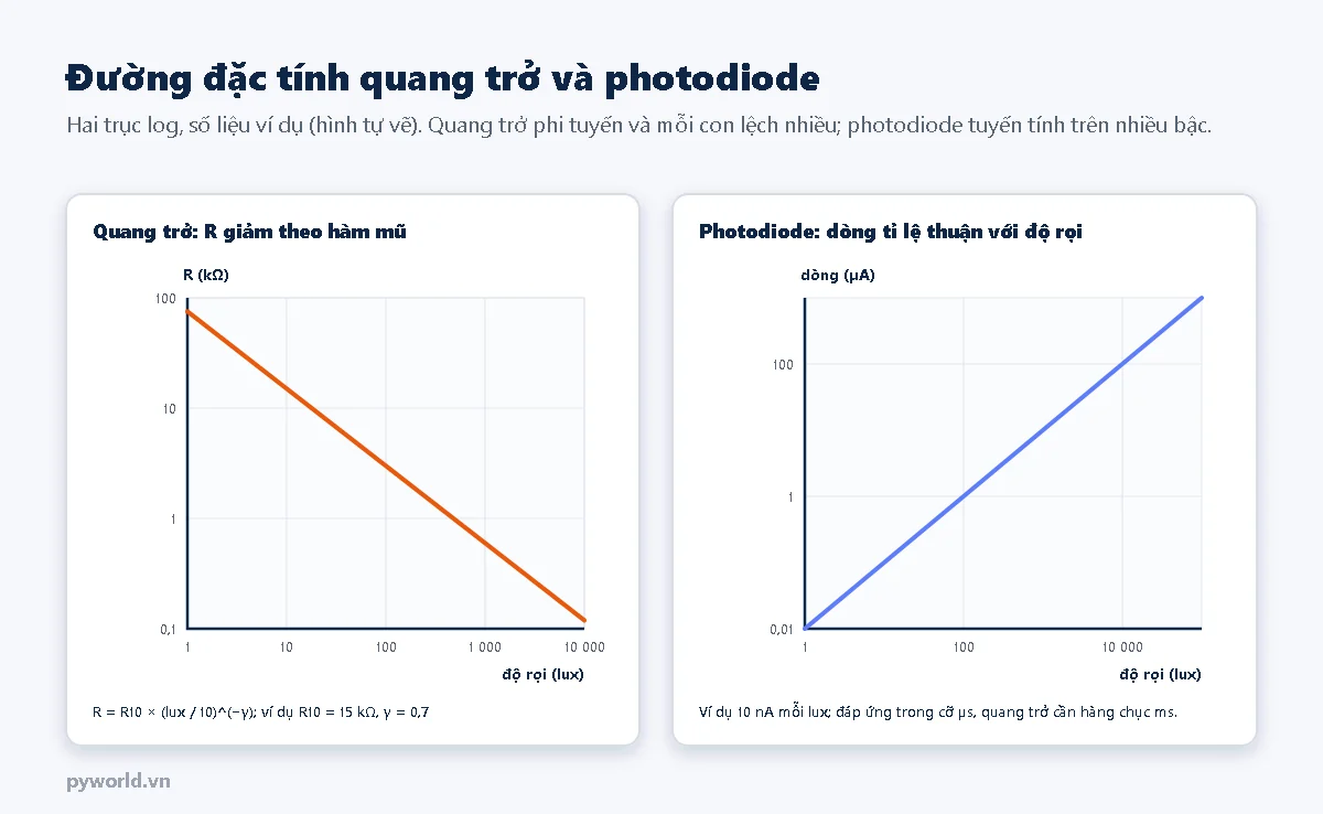 Hai đồ thị hai trục log: điện trở quang trở giảm theo độ rọi từ 100 kΩ ở 1 lux xuống khoảng 0,2 kΩ ở 10 000 lux theo hàm mũ với gamma 0,7; dòng photodiode tăng tỉ lệ thuận với độ rọi từ 0,01 µA ở 1 lux tới 1000 µA ở 100 000 lux
