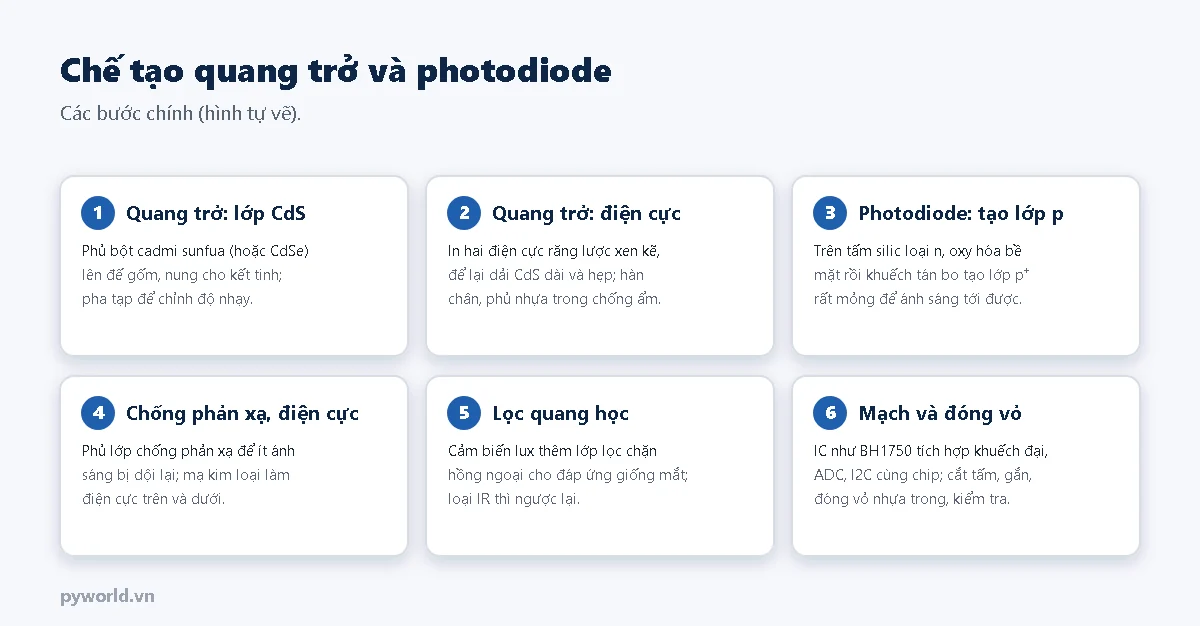 Sáu bước chế tạo: phủ lớp CdS lên đế gốm, in điện cực răng lược và phủ nhựa; tạo lớp p trên tấm silic n bằng khuếch tán bo, phủ lớp chống phản xạ và điện cực, thêm lớp lọc quang học, tích hợp mạch và đóng vỏ