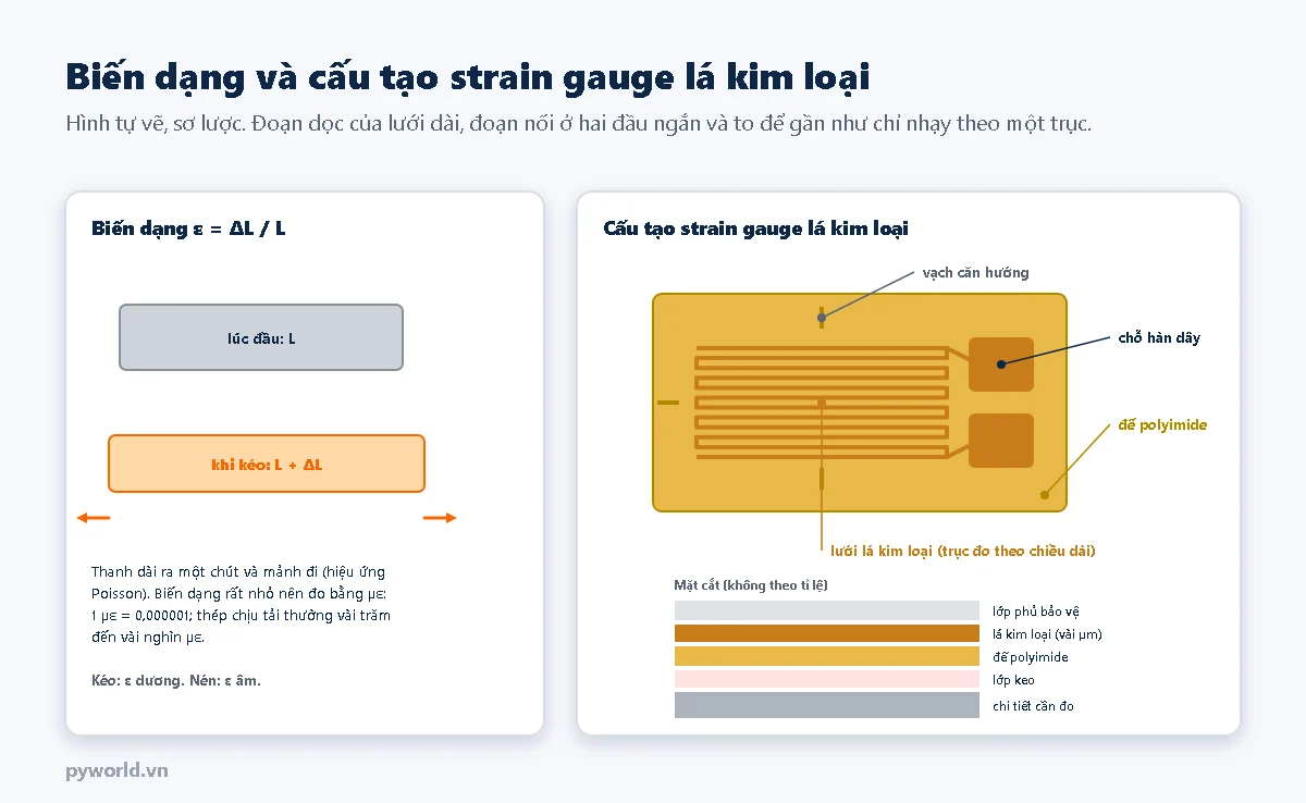 Bên trái: thanh dài L khi kéo thành L cộng delta L, biến dạng epsilon bằng delta L chia L; bên phải: strain gauge lá kim loại gồm lưới kim loại hình răng lược trên đế polyimide, hai chỗ hàn dây, vạch căn hướng, và mặt cắt các lớp phủ bảo vệ, lá kim loại, đế polyimide, keo, chi tiết cần đo