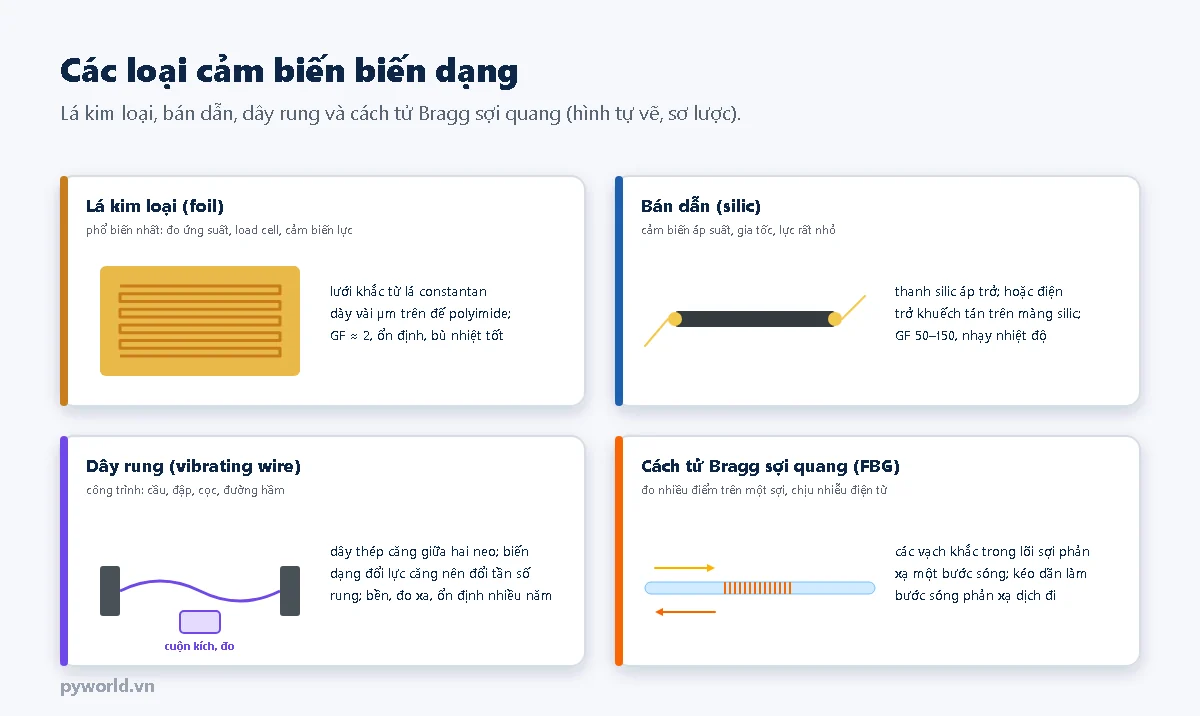 Bốn loại cảm biến biến dạng: lá kim loại với lưới trên đế polyimide; bán dẫn silic dạng thanh nhỏ có dây nối; dây rung căng giữa hai neo có cuộn kích và đo; cách tử Bragg trong sợi quang phản xạ một bước sóng