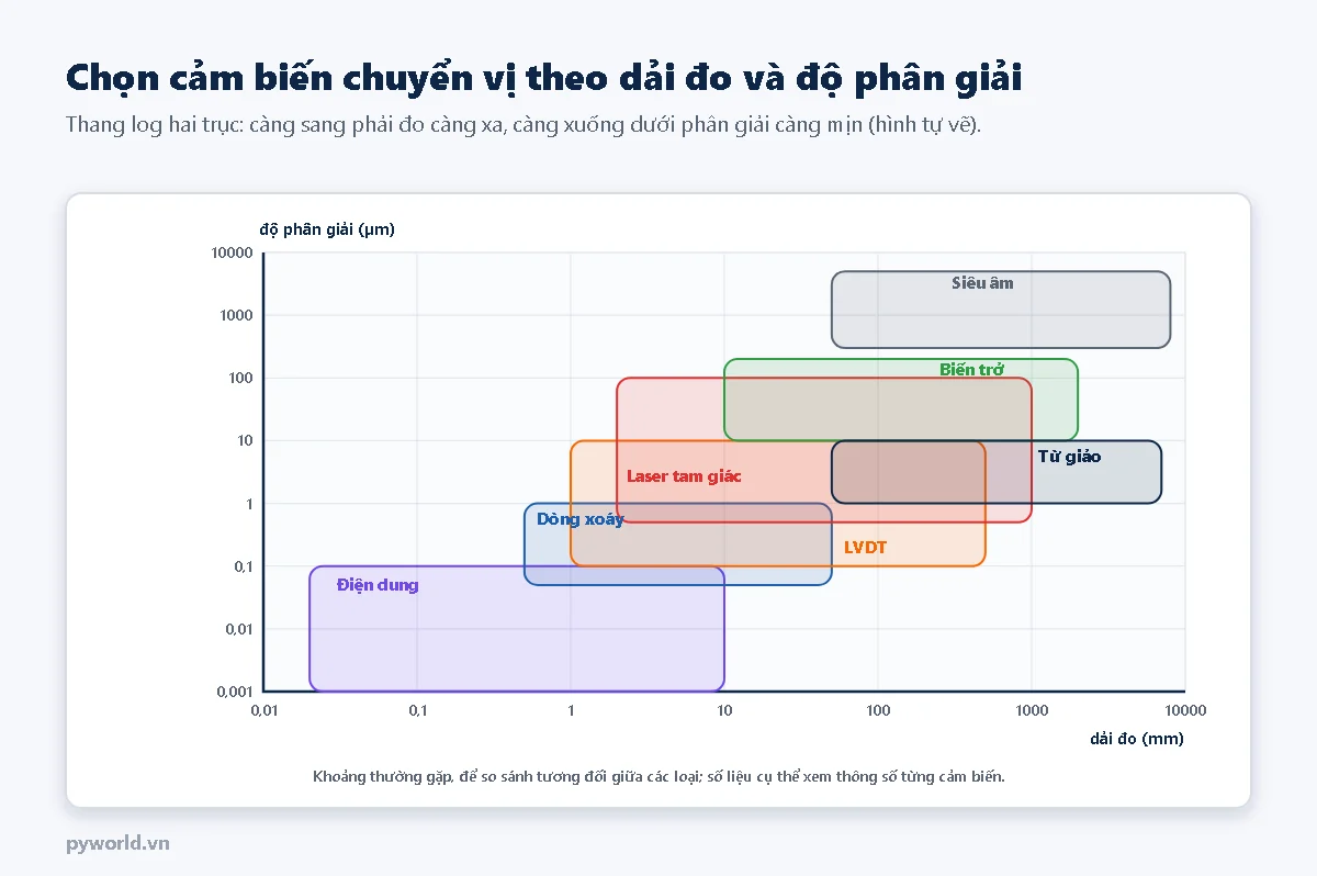Biểu đồ thang log so sánh dải đo và độ phân giải của các cảm biến chuyển vị: điện dung đo dưới 10 mm với độ phân giải nanomet, dòng xoáy và LVDT ở giữa, laser tam giác và biến trở đo tới hàng mét, từ giảo đo tới vài mét với độ phân giải micromet, siêu âm đo xa nhưng phân giải thô