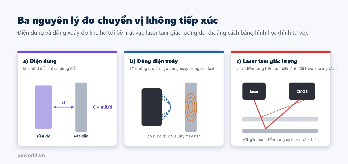 Ba nguyên lý đo chuyển vị không tiếp xúc: đầu dò điện dung cách vật dẫn một khe d với C bằng epsilon nhân A chia d; đầu dò dòng xoáy phát từ trường cao tần tạo dòng xoáy trong tấm kim loại; laser chiếu xuống vật và cảm biến ảnh CMOS nhìn điểm sáng dịch chuyển khi vật gần hơn