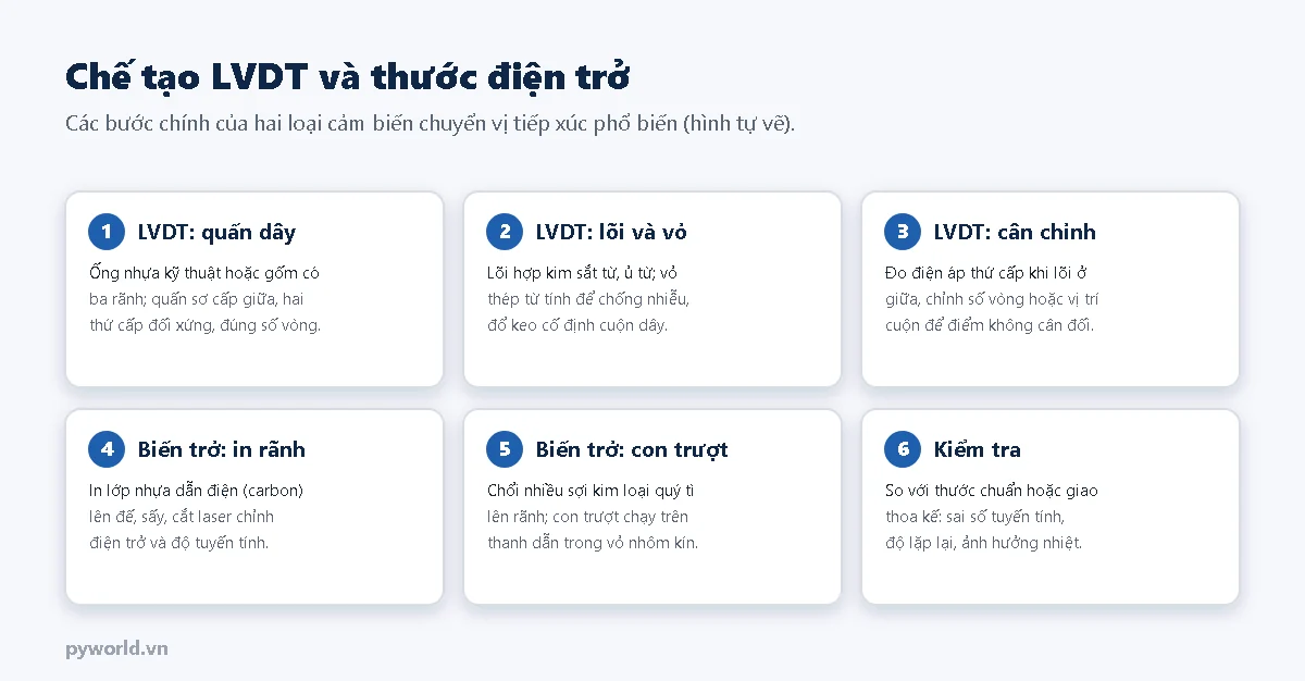 Sáu bước chế tạo: LVDT quấn sơ cấp và hai thứ cấp đối xứng trên ống nhựa, làm lõi sắt từ và vỏ chống nhiễu, cân chỉnh điểm không; thước điện trở in rãnh nhựa dẫn điện và cắt laser, làm con trượt nhiều sợi kim loại quý, kiểm tra độ tuyến tính
