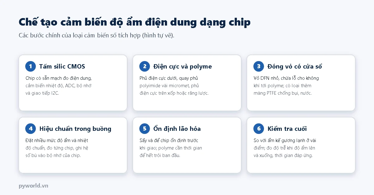 Sáu bước chế tạo cảm biến độ ẩm điện dung dạng chip: tấm silic CMOS có sẵn mạch đo, phủ điện cực và polyme, đóng vỏ có cửa sổ, hiệu chuẩn trong buồng độ ẩm, ổn định lão hóa, kiểm tra cuối bằng ẩm kế gương lạnh