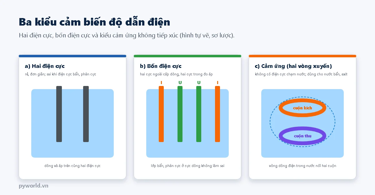 Ba kiểu cảm biến độ dẫn điện: hai điện cực trong nước; bốn điện cực với hai cực ngoài cấp dòng và hai cực trong đo áp; kiểu cảm ứng có hai cuộn dây hình xuyến, cuộn kích và cuộn thu, nối với nhau qua vòng dòng điện trong nước