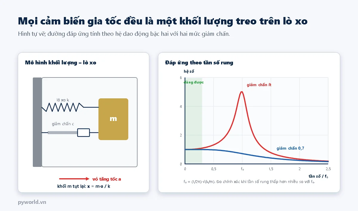 Bên trái là mô hình cảm biến gia tốc gồm vỏ, lò xo k, giảm chấn c và khối m, khi vỏ tăng tốc khối tụt lại một đoạn x bằng m nhân a chia k; bên phải là đồ thị hệ số khuếch đại theo tần số rung chia tần số riêng, đỉnh cộng hưởng cao khi giảm chấn ít và phẳng khi giảm chấn 0,7, vùng dùng được ở dưới khoảng 0,3 tần số riêng