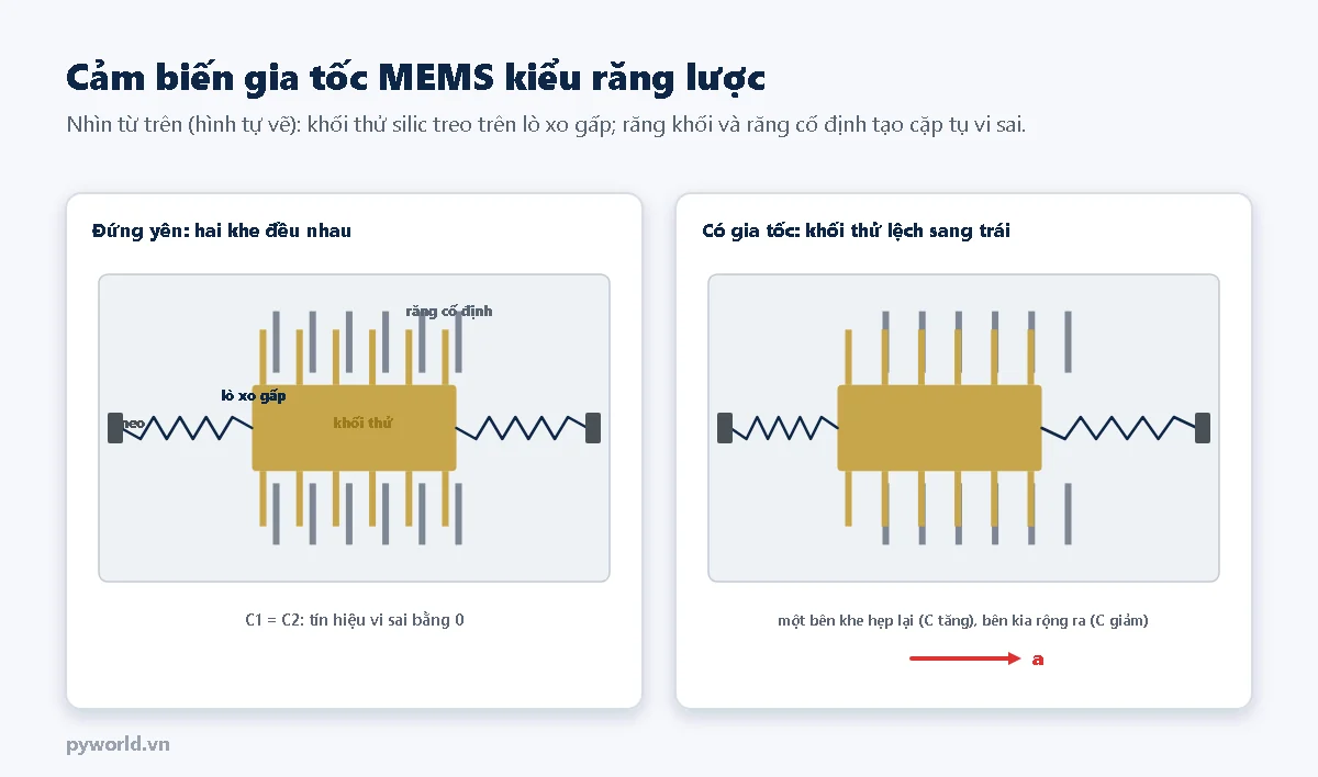 Cảm biến gia tốc MEMS kiểu răng lược nhìn từ trên: khối thử silic ở giữa có nhiều răng, treo hai bên bằng lò xo gấp gắn vào neo, xen giữa là các răng cố định; khi đứng yên hai khe đều nhau, khi có gia tốc khối thử lệch sang một bên làm một phía khe hẹp lại và phía kia rộng ra