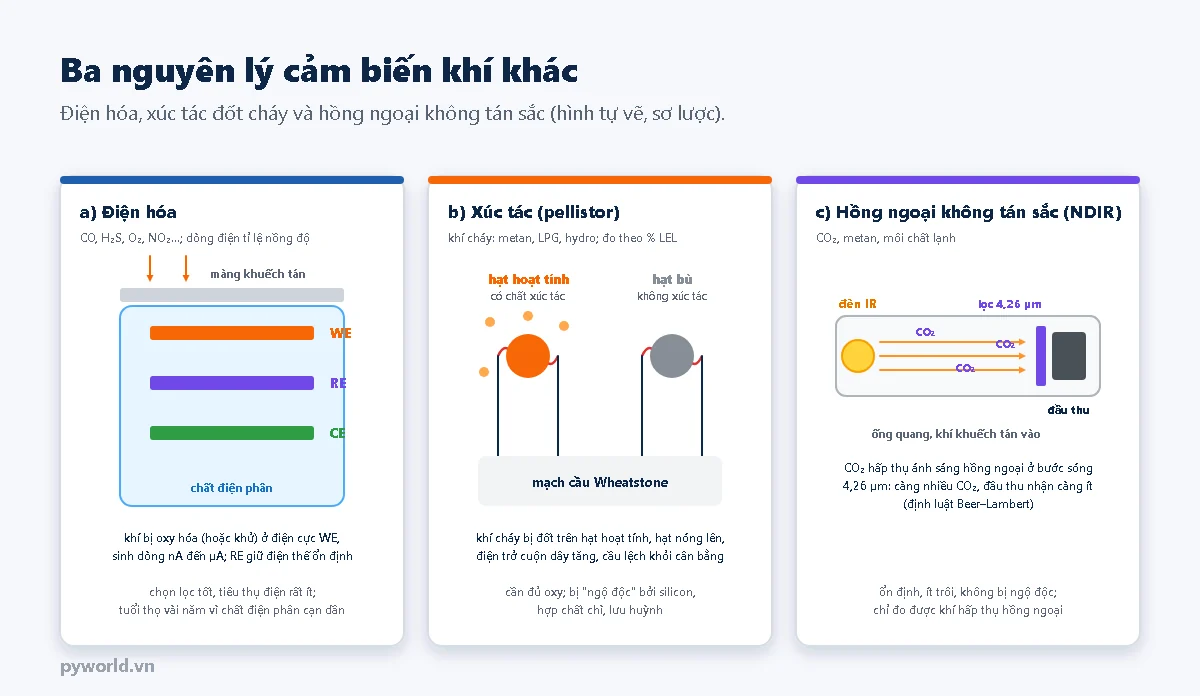 Ba nguyên lý cảm biến khí: điện hóa với màng khuếch tán, ba điện cực WE, RE, CE trong chất điện phân; xúc tác với hạt hoạt tính có chất xúc tác và hạt bù trong mạch cầu Wheatstone; hồng ngoại không tán sắc với đèn IR, ống quang có CO2, bộ lọc 4,26 µm và đầu thu