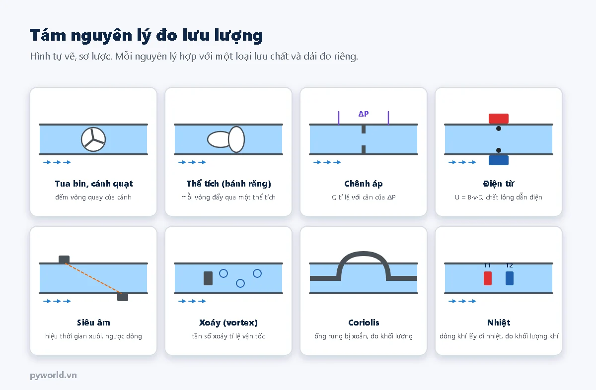 Tám thẻ minh họa nguyên lý đo lưu lượng: cánh tua bin quay trong ống, hai bánh răng oval đẩy thể tích, tấm lỗ với chênh áp, cuộn từ và điện cực của lưu lượng kế điện từ, hai đầu dò siêu âm đặt chéo, vật cản tạo xoáy, ống cong của Coriolis, hai cảm biến nhiệt độ của lưu lượng kế nhiệt