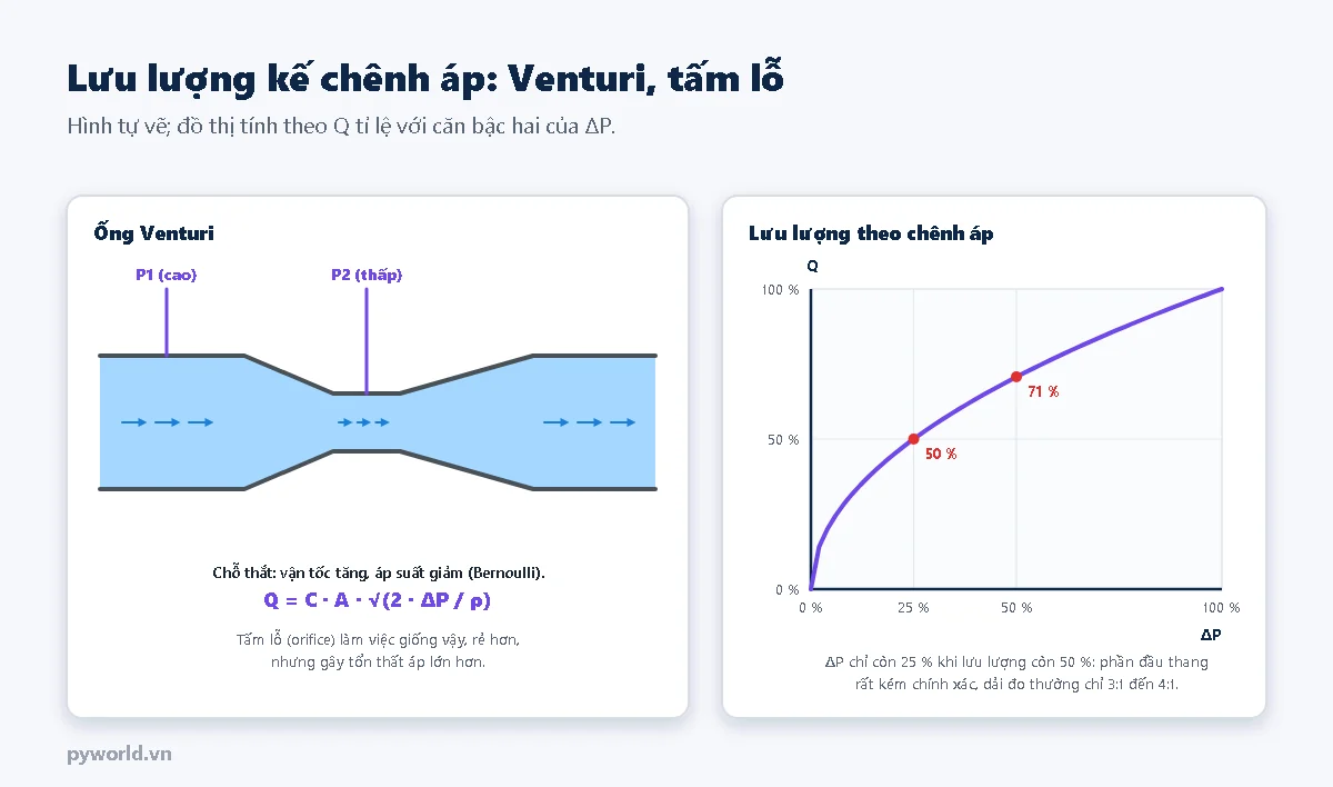 Ống Venturi với điểm lấy áp P1 ở đoạn ống lớn và P2 ở chỗ thắt, công thức Q bằng C nhân A nhân căn bậc hai của 2 delta P chia rho; đồ thị lưu lượng theo chênh áp có dạng căn bậc hai, 25 phần trăm chênh áp ứng với 50 phần trăm lưu lượng