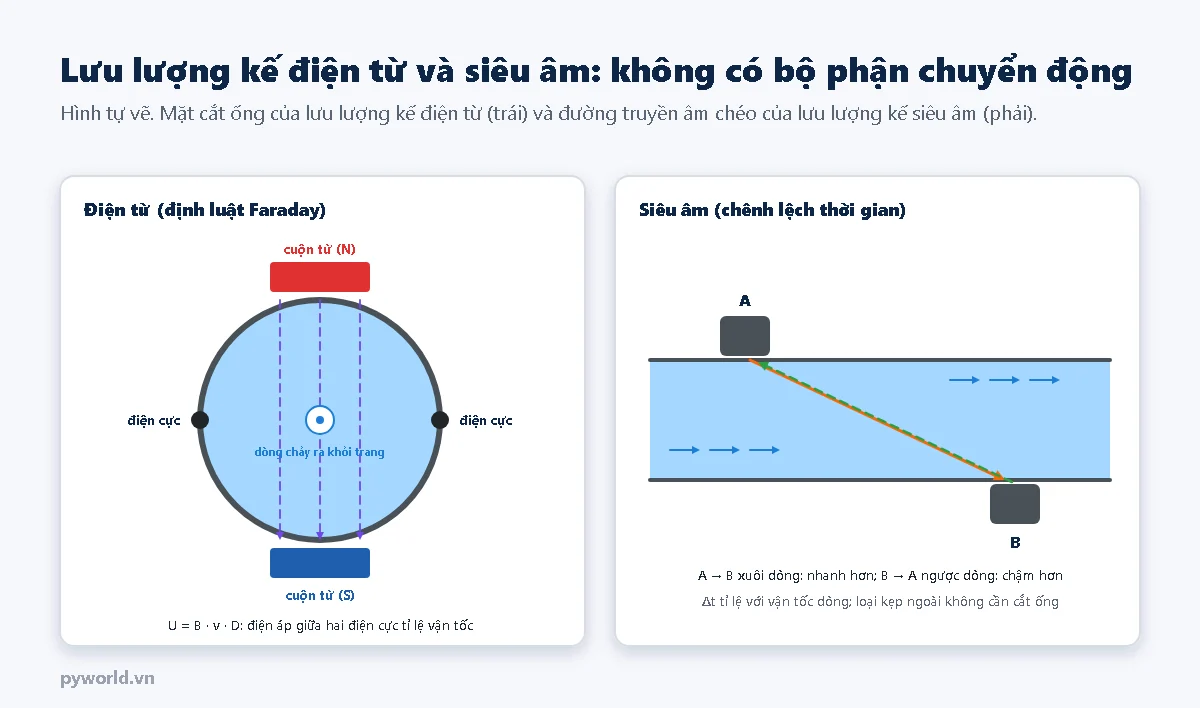 Bên trái: mặt cắt ống lưu lượng kế điện từ với hai cuộn từ trên dưới tạo từ trường, hai điện cực hai bên, dòng chảy vuông góc mặt giấy, công thức U bằng B nhân v nhân D; bên phải: hai đầu dò siêu âm A và B đặt chéo hai bên ống, sóng xuôi dòng đi nhanh hơn sóng ngược dòng