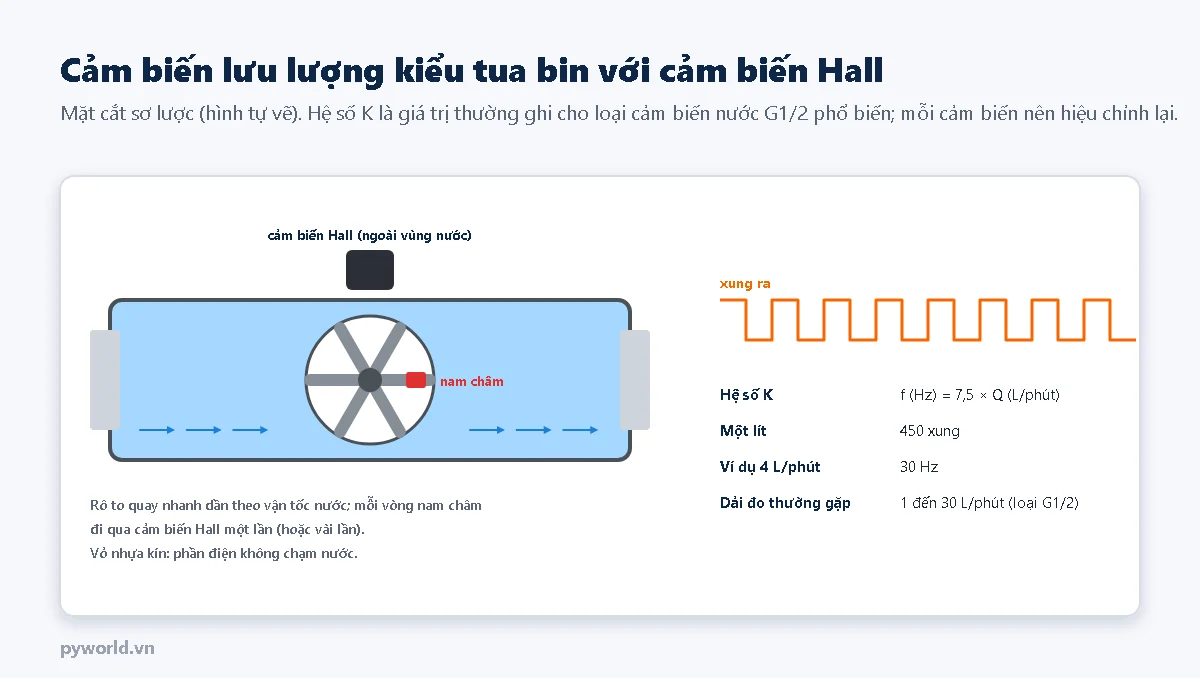 Mặt cắt cảm biến lưu lượng kiểu tua bin: rô to sáu cánh có nam châm quay trong khoang nước, cảm biến Hall đặt phía trên ngoài vùng nước, xung ra theo mỗi vòng quay; bảng thông số hệ số K 7,5 Hz cho mỗi lít trên phút, 450 xung mỗi lít, 4 lít trên phút cho 30 Hz