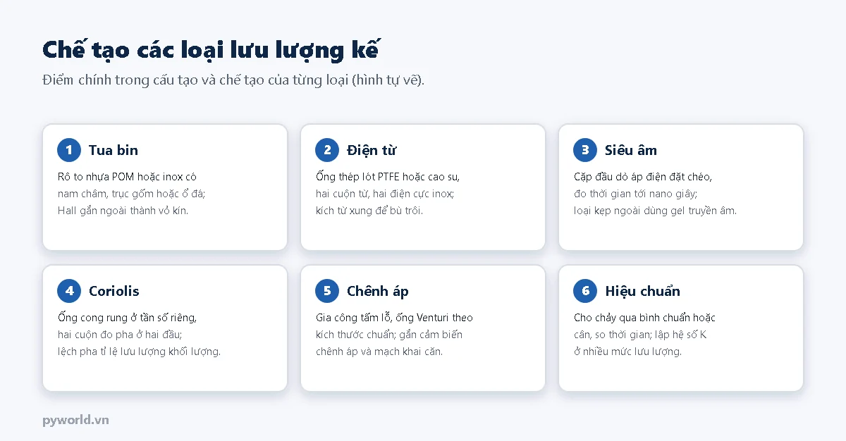 Sáu thẻ mô tả chế tạo: tua bin với rô to nhựa có nam châm và cảm biến Hall ngoài vỏ, điện từ với ống lót PTFE và điện cực inox, siêu âm với cặp đầu dò áp điện đặt chéo, Coriolis với ống cong rung và cuộn đo pha, chênh áp với tấm lỗ và cảm biến chênh áp, hiệu chuẩn bằng bình chuẩn