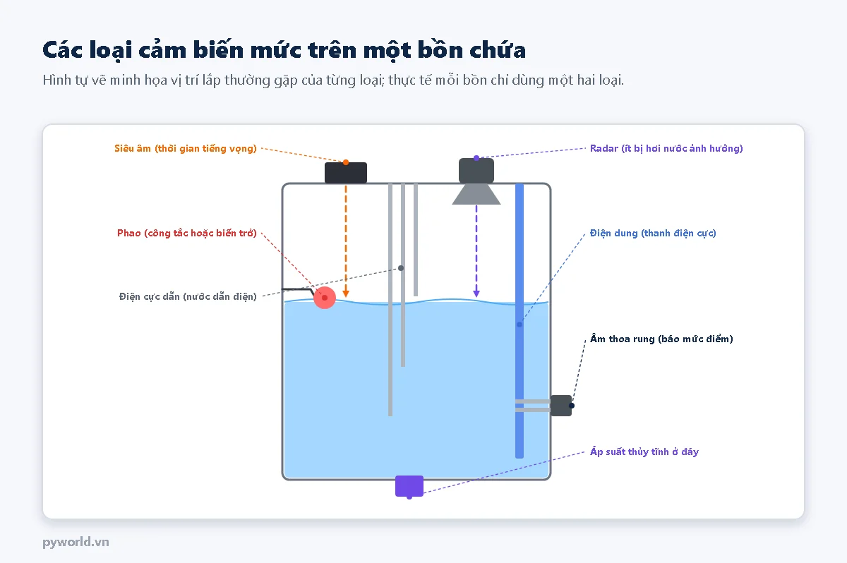 Bồn chứa nước với các vị trí lắp cảm biến mức: siêu âm và radar trên nắp nhìn xuống, phao nổi trên mặt nước, ba điện cực dẫn dài ngắn khác nhau, thanh điện cực điện dung dọc bồn, âm thoa rung bên hông và cảm biến áp suất thủy tĩnh ở đáy