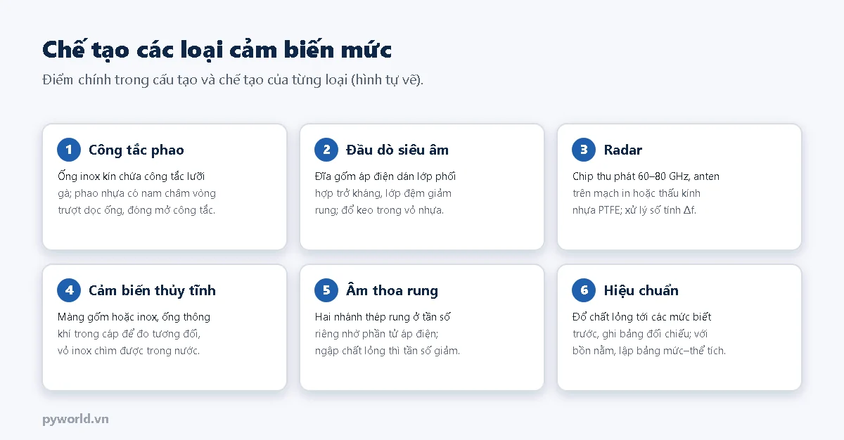 Sáu thẻ mô tả chế tạo: công tắc phao với công tắc lưỡi gà trong ống inox và phao có nam châm, đầu dò siêu âm với đĩa gốm áp điện và lớp phối hợp trở kháng, radar 60 đến 80 GHz, cảm biến thủy tĩnh với màng gốm và ống thông khí trong cáp, âm thoa rung, hiệu chuẩn và bảng mức thể tích