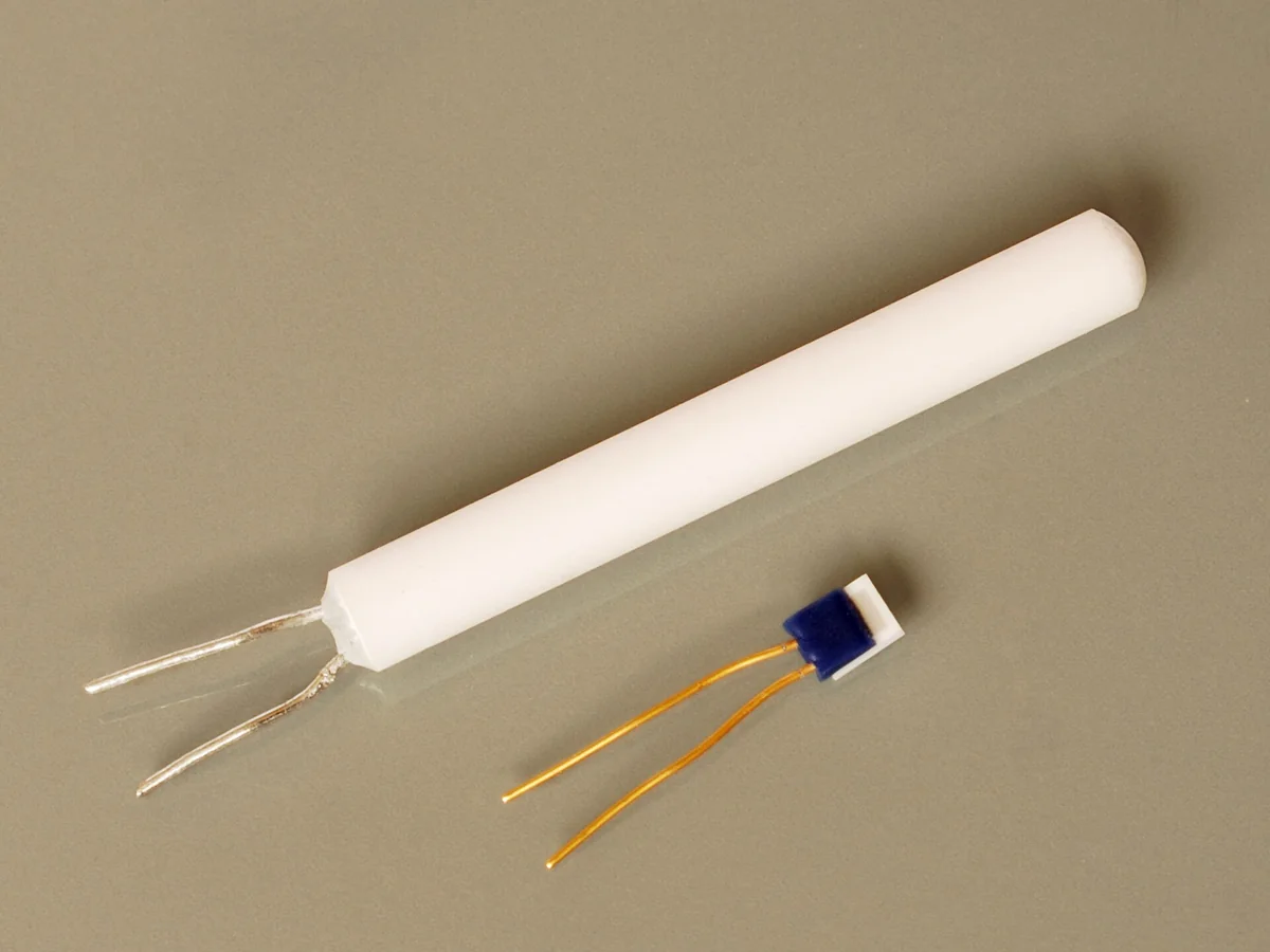 Hai phần tử Pt100: loại dây quấn dạng ống gốm trắng dài khoảng 25 mm và loại màng mỏng dạng tấm nhỏ khoảng 2 mm có hai chân dây