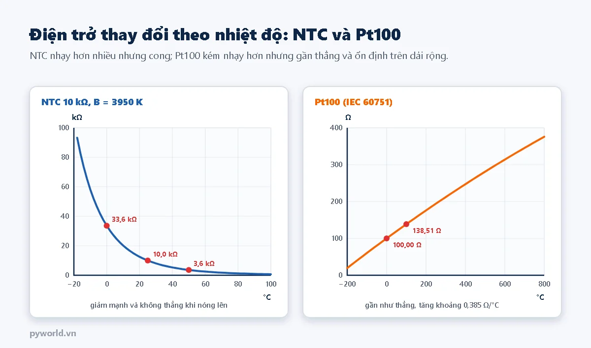 Hai đồ thị điện trở theo nhiệt độ: NTC 10 kilôôm B 3950 giảm từ 33,6 kilôôm ở 0 độ C xuống 10 kilôôm ở 25 độ C và 3,6 kilôôm ở 50 độ C; Pt100 tăng gần thẳng từ 100 ôm ở 0 độ C lên 138,51 ôm ở 100 độ C
