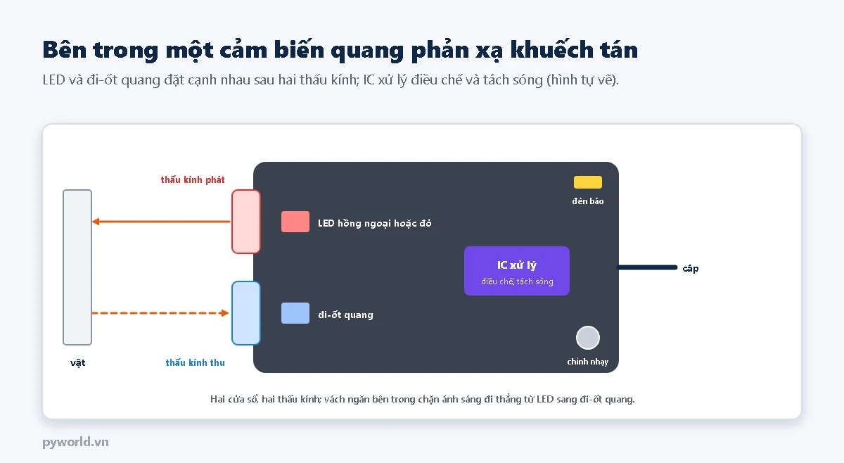 Bên trong cảm biến quang phản xạ khuếch tán: thấu kính phát trước LED hồng ngoại hoặc đỏ, thấu kính thu trước đi-ốt quang, IC xử lý điều chế và tách sóng, đèn báo, núm chỉnh độ nhạy và cáp; tia phát tới vật và tia phản xạ quay về thấu kính thu